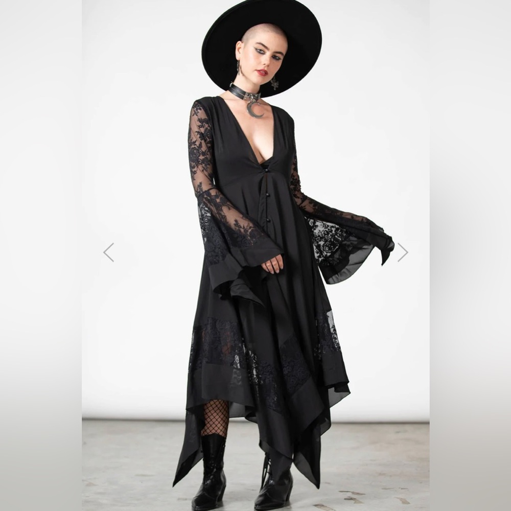 Black Lace-Trim Gothic V-Neck Midi Dress